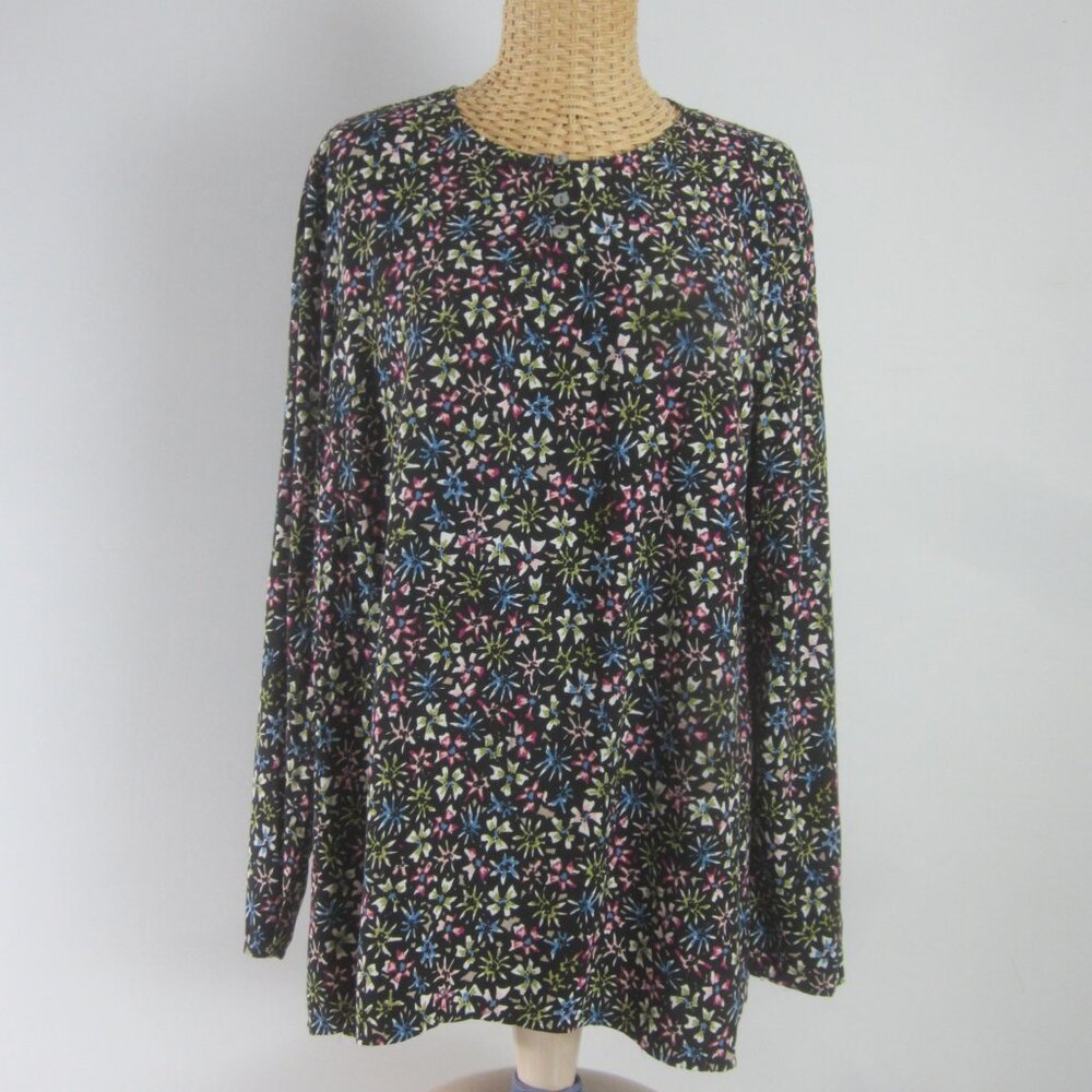 J Jill Womens M Black Blue Green Purple Floral LS Rayon Tunic Shirt Relaxed Fit